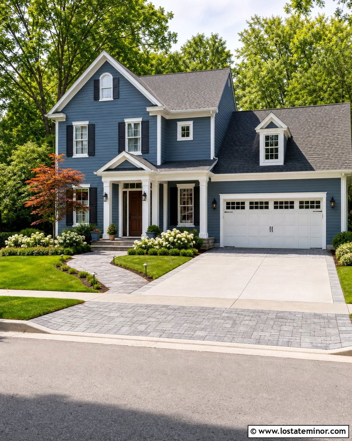 Slate Blue Suburban Home With Stone Driveway Apron - 30 Slate Blue House Design With Driveway Ideas