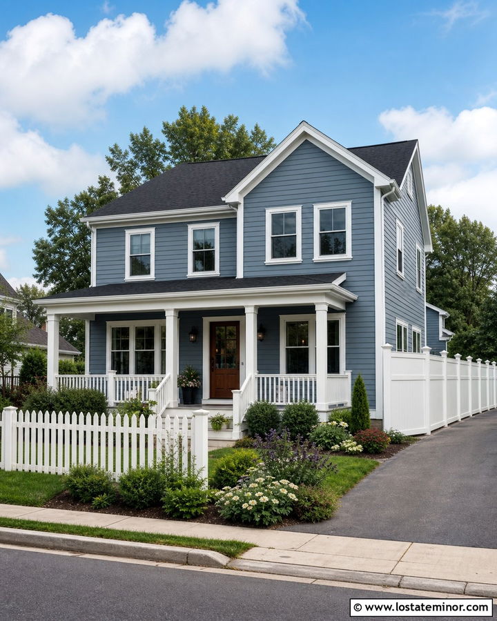 Slate Blue Suburban House With Vinyl Fence - 30 Slate Blue House Design With Fence Ideas