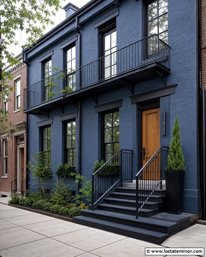 Slate Blue Townhouse With Slim Steel Railings - 30 Slate Blue House Design With Railings Ideas