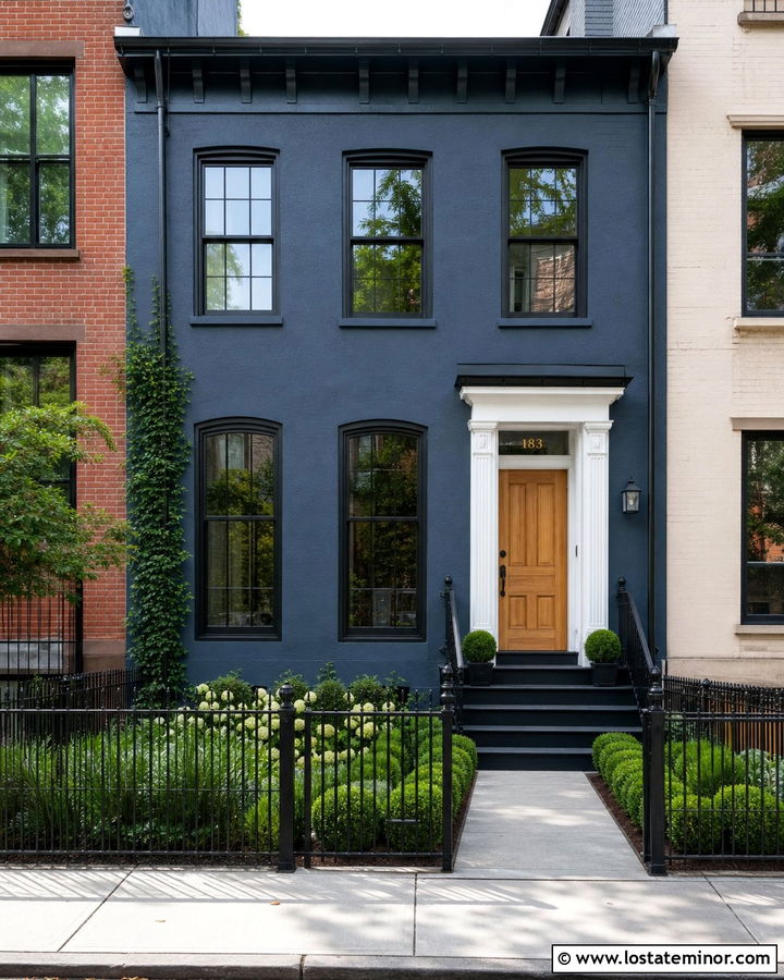 Slate Blue Townhouse With Steel Fence - 30 Slate Blue House Design With Fence Ideas