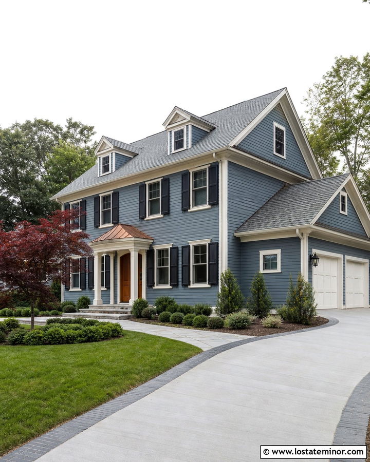 Slate Blue Traditional Home With Side Load Garage - 30 Slate Blue House Design With Driveway Ideas