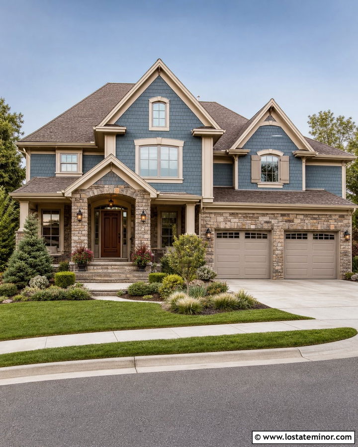 Slate Blue Traditional Home With Tan Stone - 30 Slate Blue House Design With Stone Accents Ideas