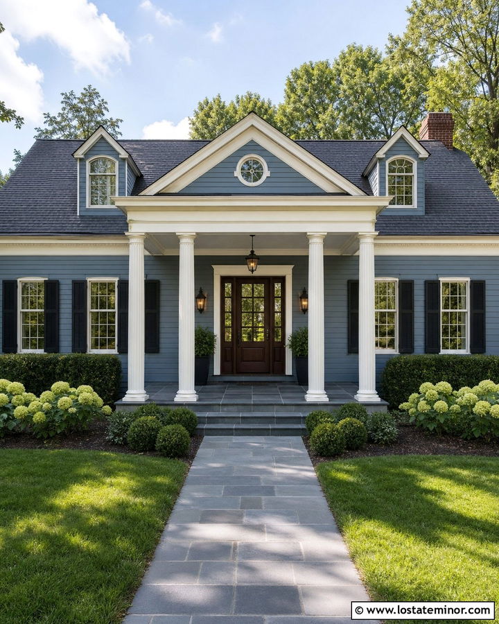Slate Blue Traditional House With Fluted Columns - 30 Slate Blue House Design With Porch Columns Ideas