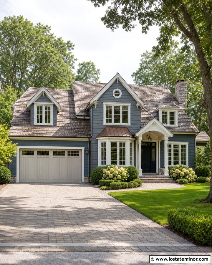Slate Blue Traditional House With Greige Garage Door - 30 Slate Blue House Design With Garage Door Ideas