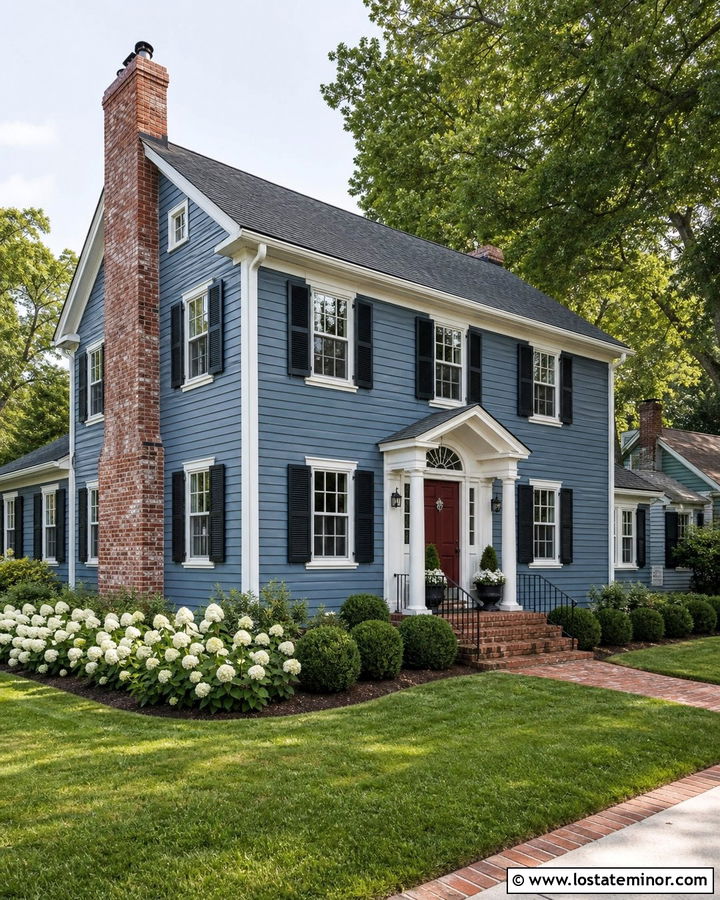 Slate Blue Traditional House With Red Front Door - 30 Slate Blue House Design With Chimney Ideas