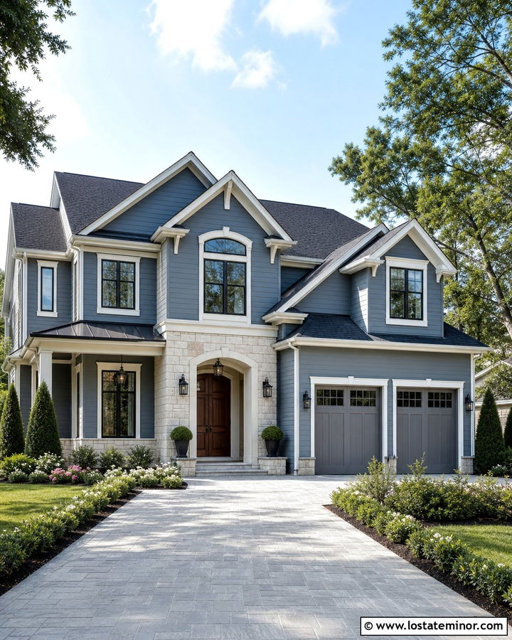 Slate Blue Transitional Home With Gray Pavers - 30 Slate Blue House Design With Driveway Ideas