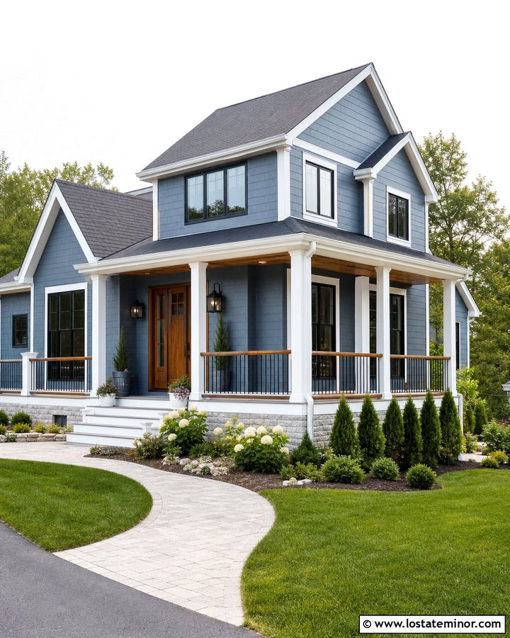 Slate Blue Transitional House With Mixed Railings - 30 Slate Blue House Design With Railings Ideas