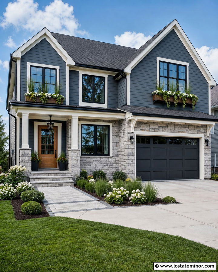 Slate Blue Transitional House With Stone And Wood Window Boxes - 30 Slate Blue House Design With Window Boxes Ideas