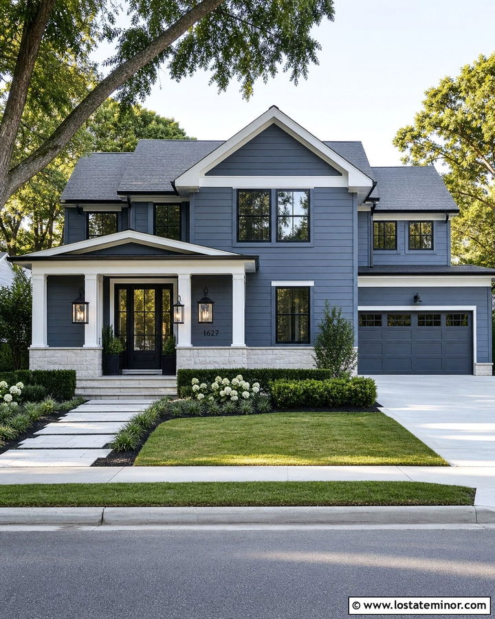 Slate Blue Transitional House With Wide Portico - 30 Slate Blue House Design With Portico Ideas