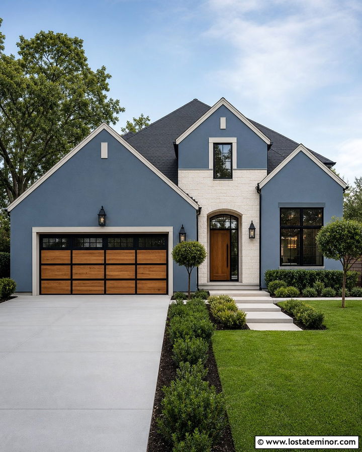 Slate Blue Transitional House With Wood And Black Garage Door - 30 Slate Blue House Design With Garage Door Ideas