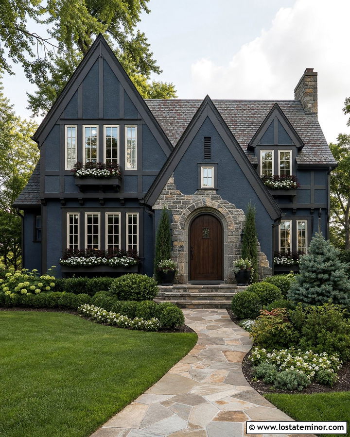 Slate Blue Tudor House With Charcoal Window Boxes - 30 Slate Blue House Design With Window Boxes Ideas
