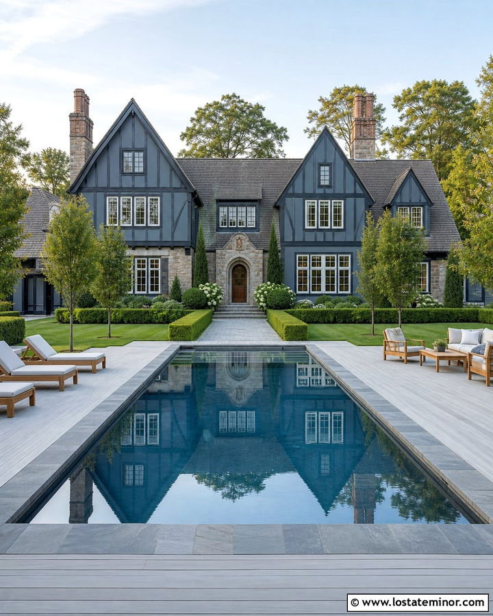 Slate Blue Tudor House With Formal Pool - 30 Slate Blue House Design With Swimming Pool Ideas
