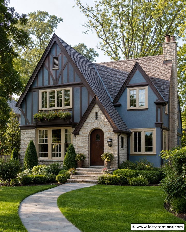 Slate Blue Tudor House With Front Gables - 30 Slate Blue House Design With Gables Ideas