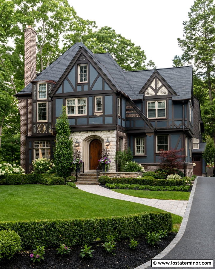 Slate Blue Tudor House With Iron Lighting - 30 Slate Blue House Design With Lighting Ideas