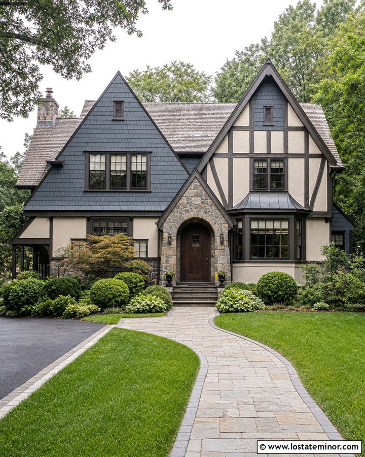 Slate Blue Tudor House With Shingle Gables - 30 Slate Blue House Design With Shingles Ideas