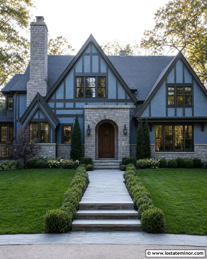 Slate Blue Tudor With Ashlar Stone - 30 Slate Blue House Design With Stone Accents Ideas