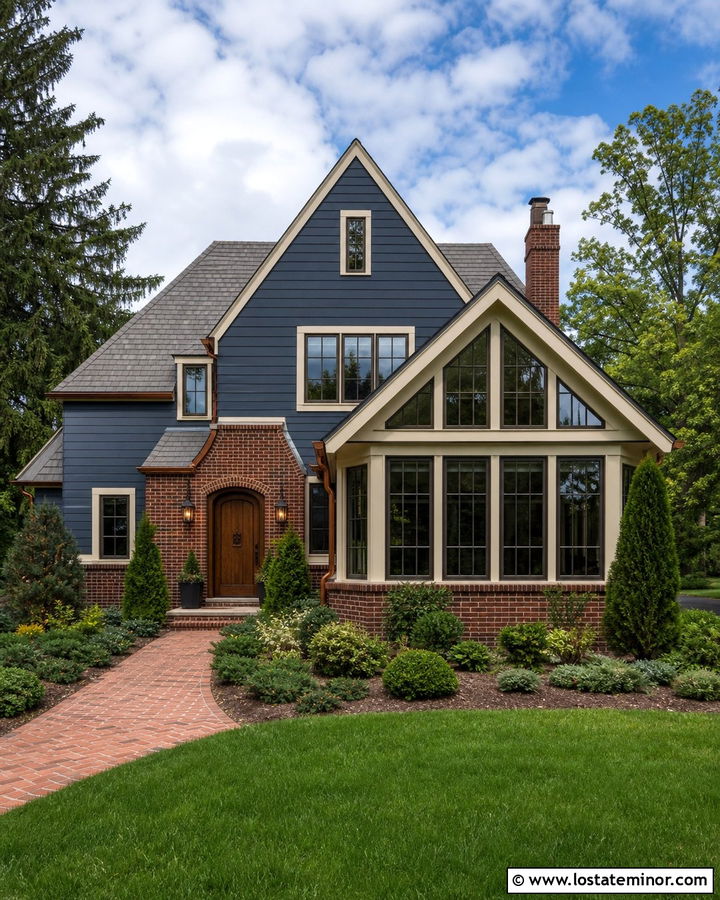 Slate Blue Tudor With Brick Sunroom - 30 Slate Blue House Design With Sunroom Ideas