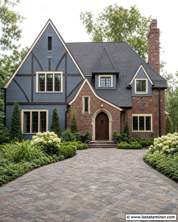 Slate Blue Tudor With Cobblestone Driveway - 30 Slate Blue House Design With Driveway Ideas