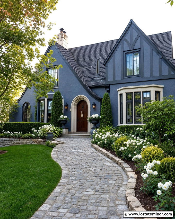 Slate Blue Tudor With Cobblestone Walkway - 30 Slate Blue House Design With Walkway Ideas