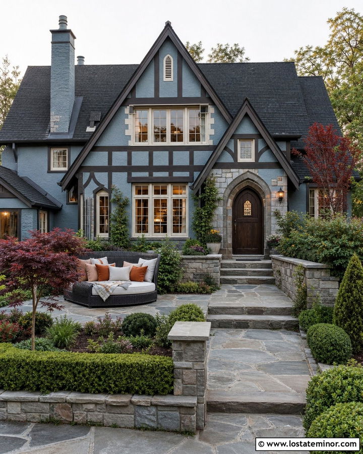 Slate Blue Tudor With Courtyard Daybed - 30 Slate Blue House Design With Daybed Ideas