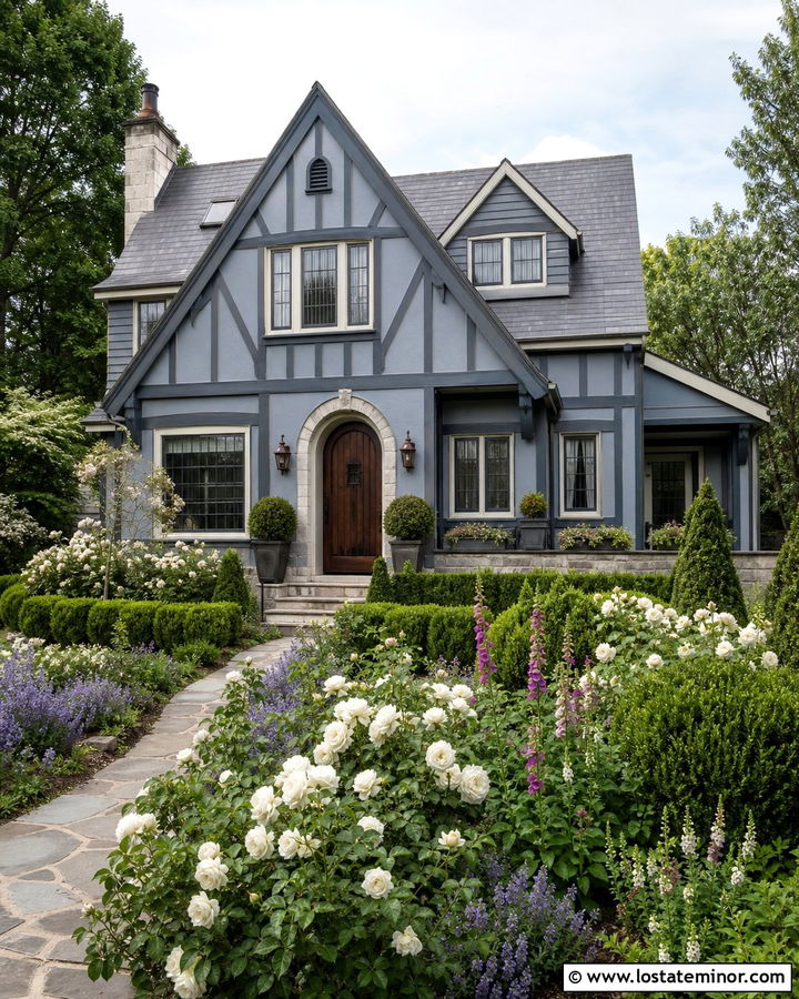 Slate Blue Tudor With Cream Trim And English Garden - 30 Slate Blue House Design With Front Yard Ideas