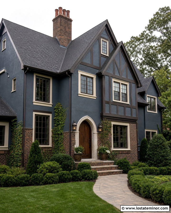 Slate Blue Tudor With Dark Brick Wainscoting - 30 Slate Blue House Design With Wainscoting Ideas