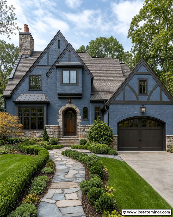 Slate Blue Tudor With Dark Bronze Garage Door - 30 Slate Blue House Design With Garage Door Ideas