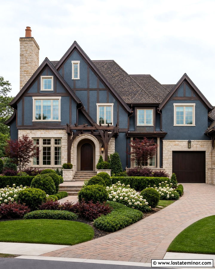 Slate Blue Tudor With Dark Wood Pergola - 30 Slate Blue House Design With Pergola Ideas