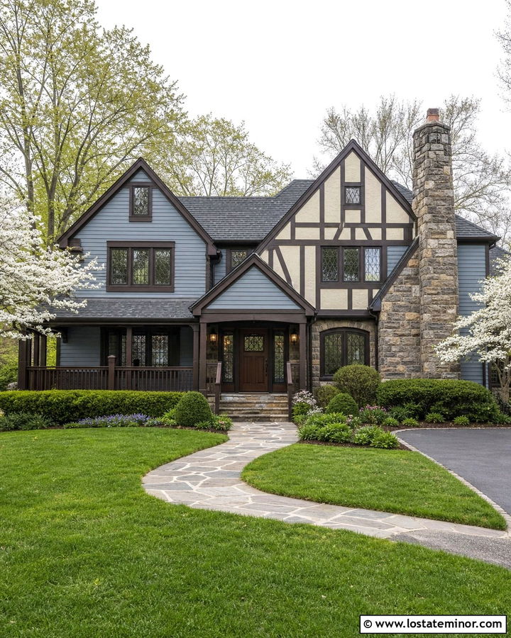 Slate Blue Tudor With Dark Wood Railings - 30 Slate Blue House Design With Railings Ideas