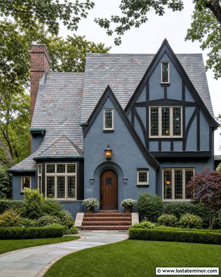 Slate Blue Tudor With Leaded Glass Lanterns - 30 Slate Blue House Design With Light Fixtures Ideas