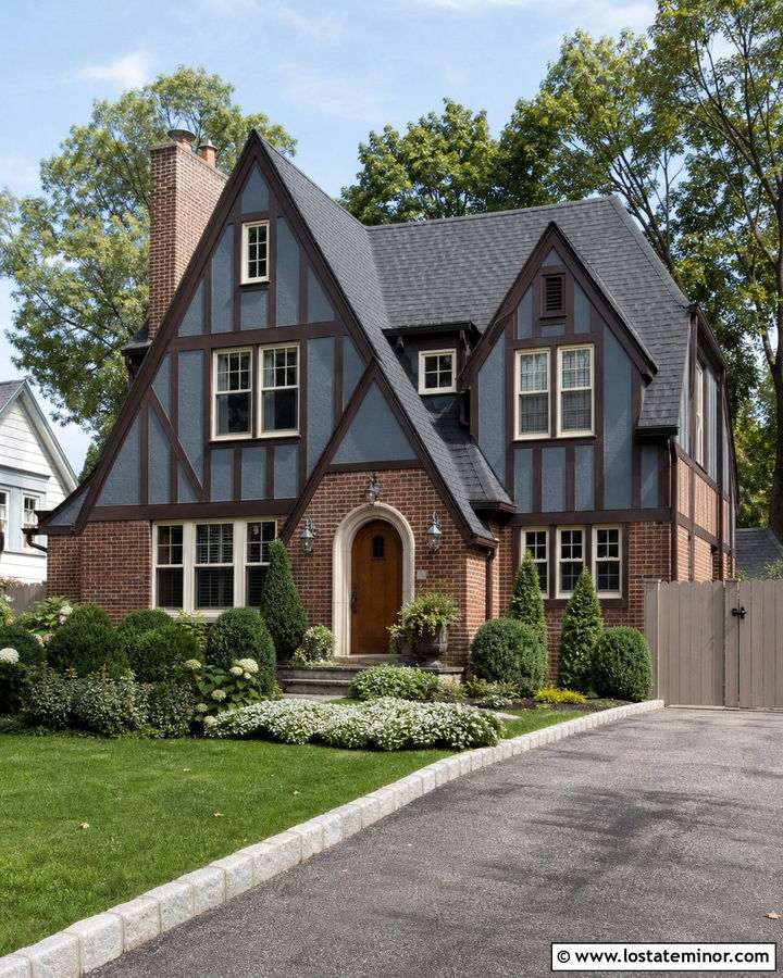 Slate Blue Tudor With Taupe Fence - 30 Slate Blue House Design With Fence Ideas