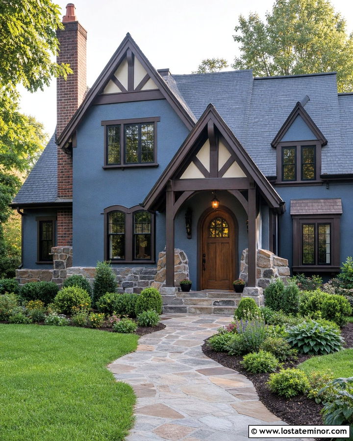 Slate Blue Tudor With Timber Gabled Portico - 30 Slate Blue House Design With Portico Ideas