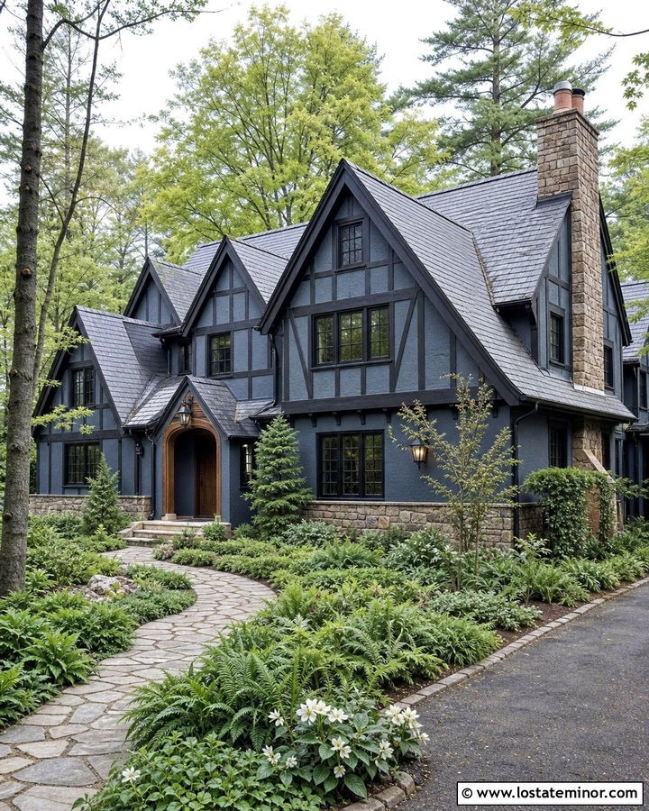 Slate Blue Tudor With Woodland Landscaping - 30 Slate Blue House Design With Landscaping Ideas