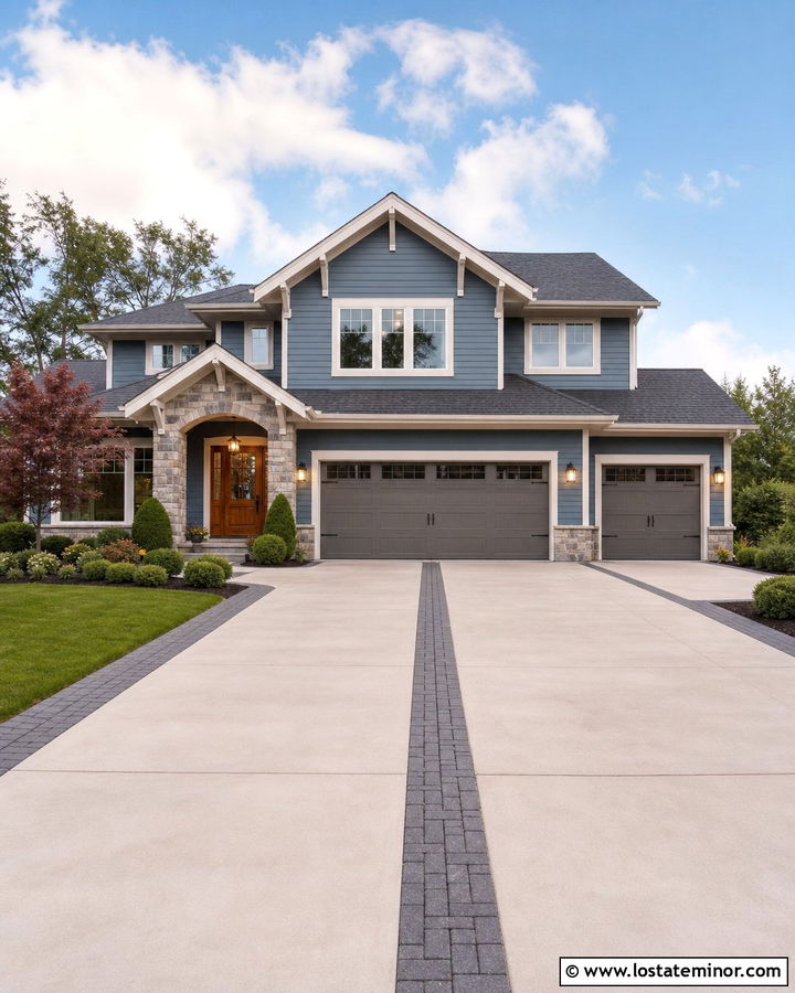 Slate Blue Two Story Home With Wide Driveway - 30 Slate Blue House Design With Driveway Ideas