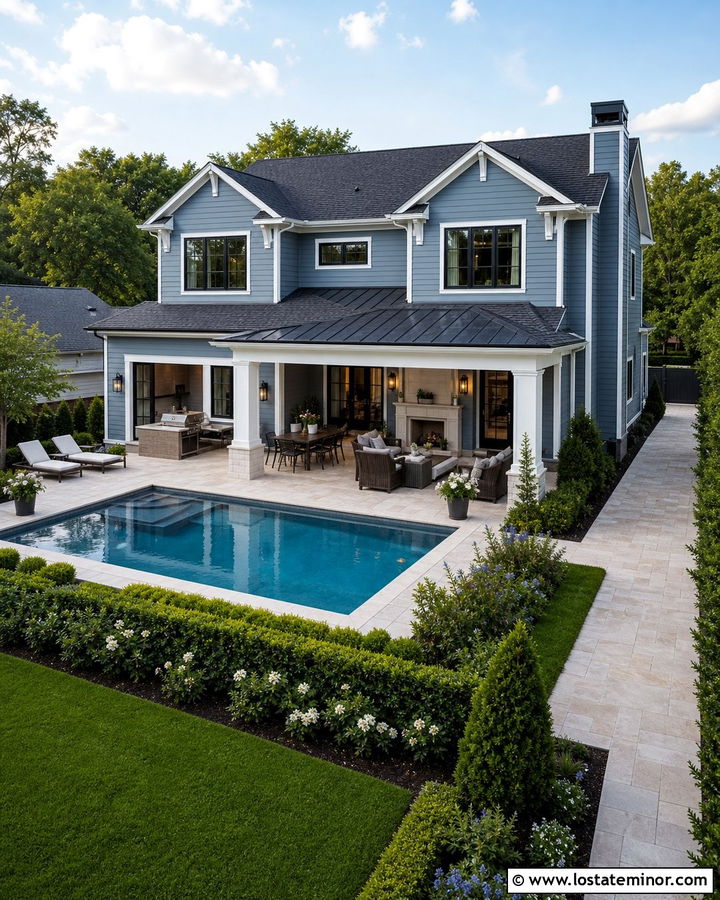 Slate Blue Two Story House With Covered Pool Patio - 30 Slate Blue House Design With Swimming Pool Ideas