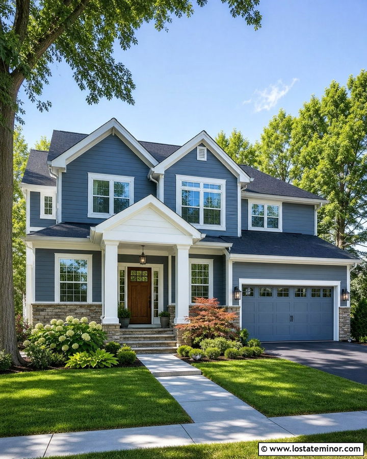 Slate Blue Two Story House With Garage Portico - 30 Slate Blue House Design With Portico Ideas