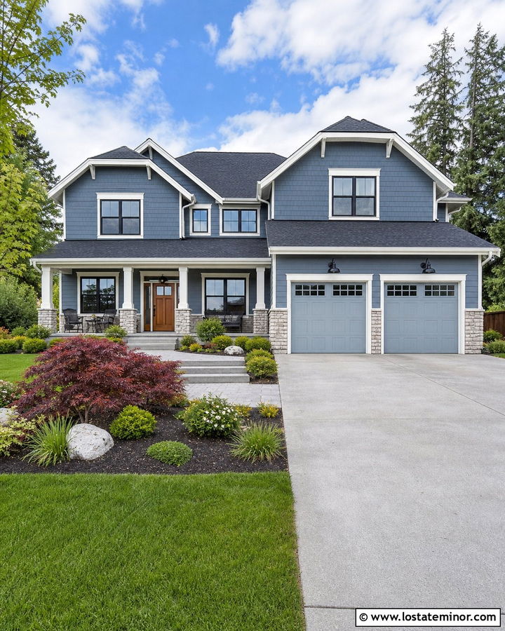 Slate Blue Two Story House With Garage Sconces - 30 Slate Blue House Design With Lighting Ideas