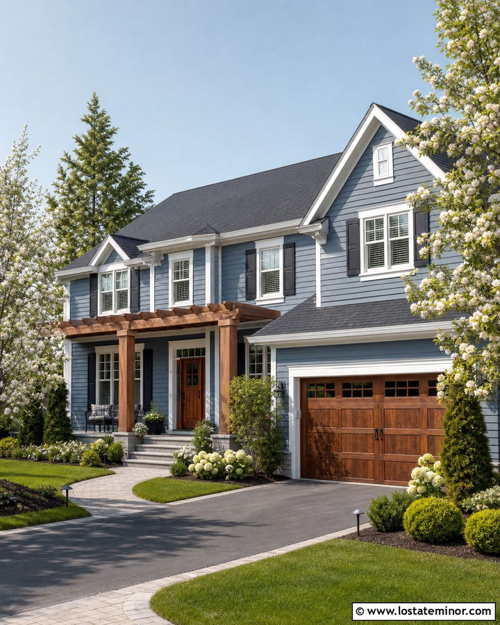 Slate Blue Two Story House With Patio Pergola - 30 Slate Blue House Design With Pergola Ideas