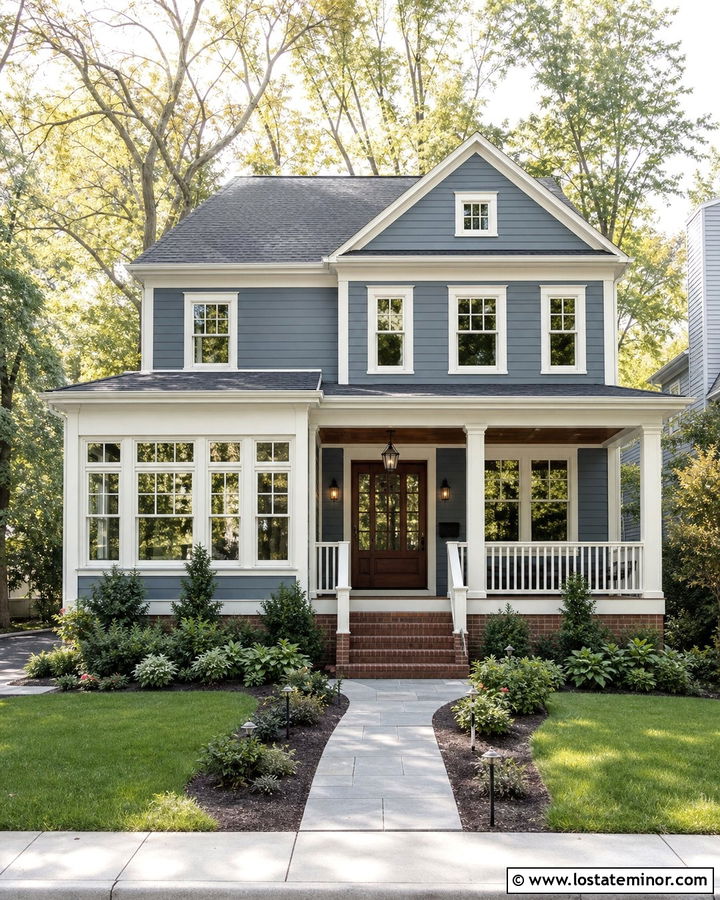 Slate Blue Two Story House With Sunroom Porch - 30 Slate Blue House Design With Sunroom Ideas