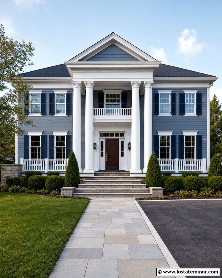 Slate Blue Two Story House With Tall Columns - 30 Slate Blue House Design With Porch Columns Ideas