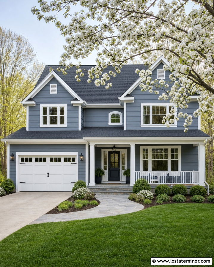 Slate Blue Two Story House With White Garage And Flowering Tree - 30 Slate Blue House Design With Front Yard Ideas