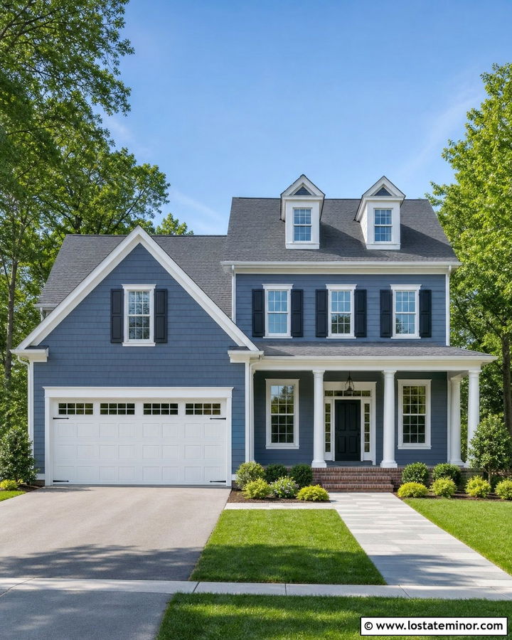 Slate Blue Two Story House With White Windowed Garage Door - 30 Slate Blue House Design With Garage Door Ideas