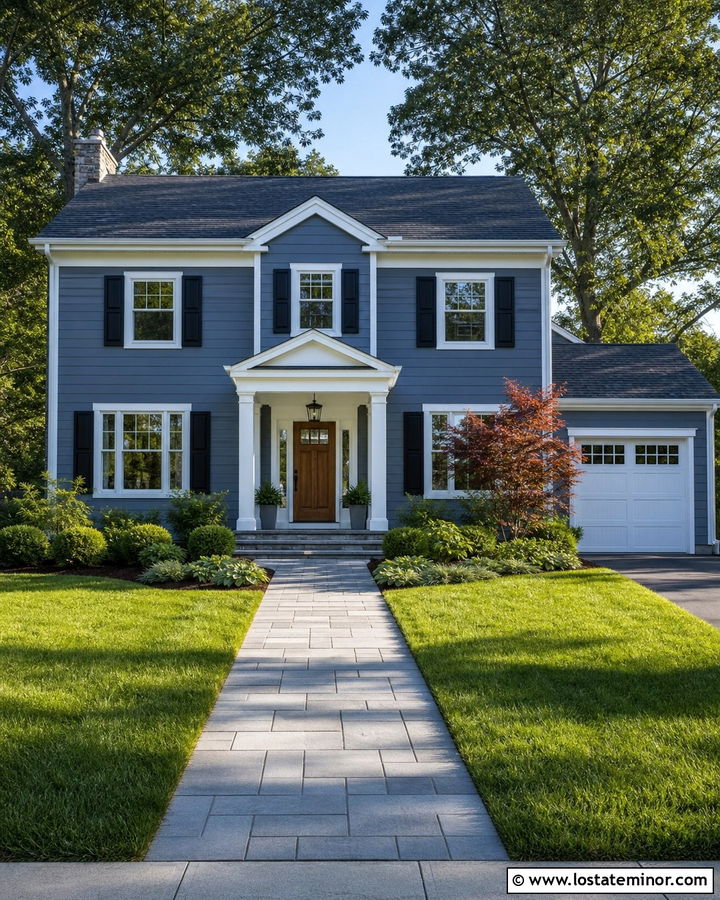 Slate Blue Two Story House With Wide Paver Walkway - 30 Slate Blue House Design With Walkway Ideas