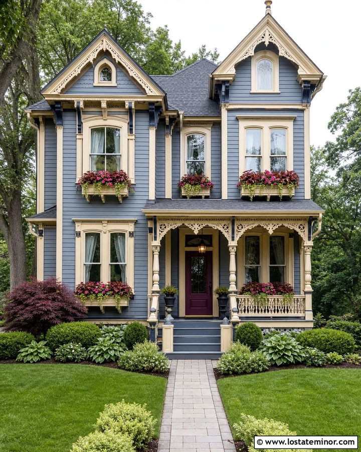 Slate Blue Victorian House With Cream Window Boxes - 30 Slate Blue House Design With Window Boxes Ideas