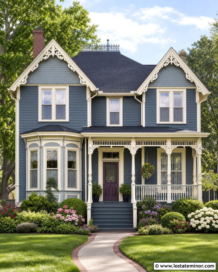 Slate Blue Victorian House With Decorative Gables - 30 Slate Blue House Design With Gables Ideas