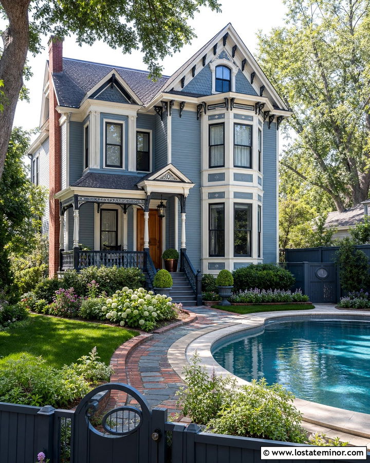 Slate Blue Victorian House With Garden Pool - 30 Slate Blue House Design With Swimming Pool Ideas