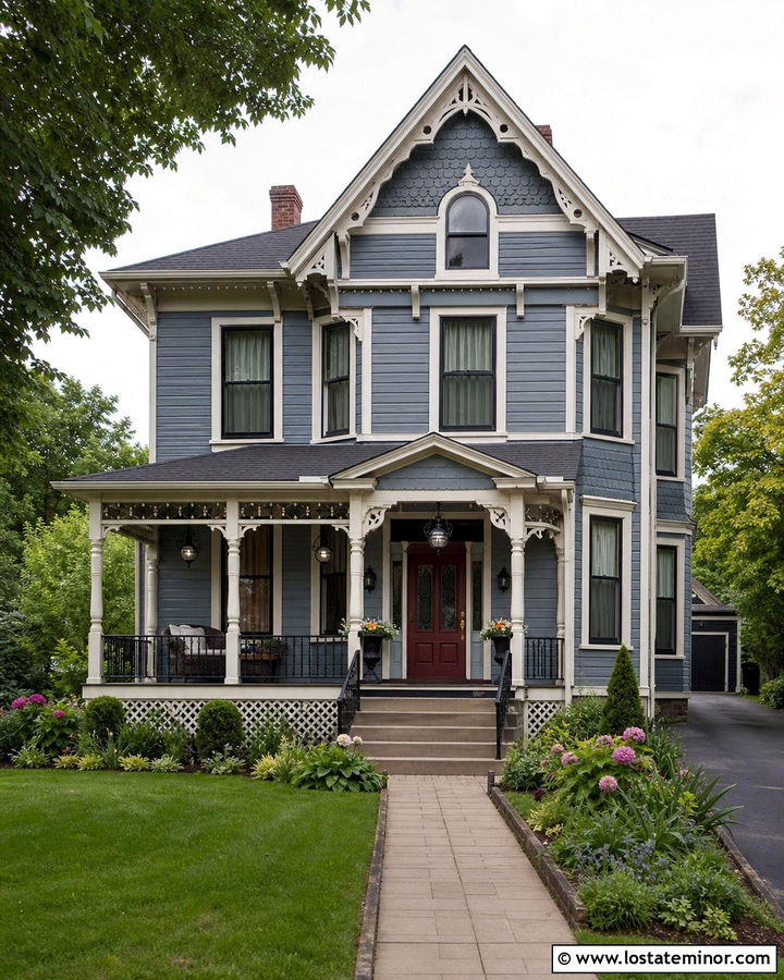 Slate Blue Victorian House With Globe Lighting - 30 Slate Blue House Design With Lighting Ideas