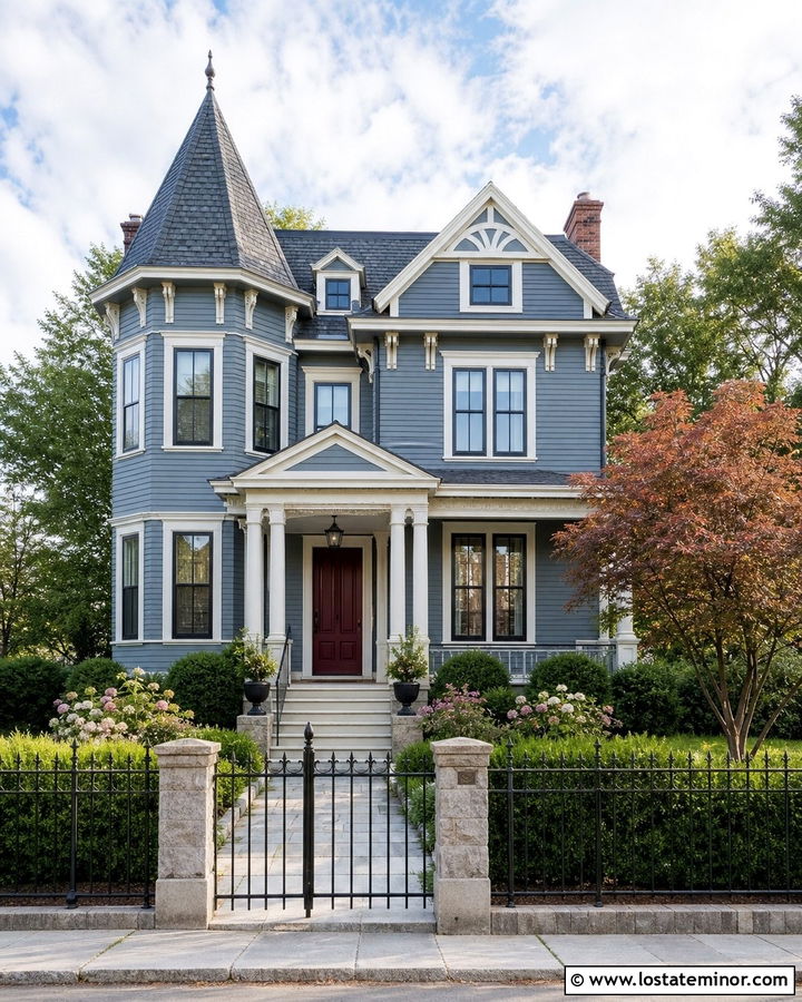 Slate Blue Victorian With Black Iron Fence - 30 Slate Blue House Design With Fence Ideas