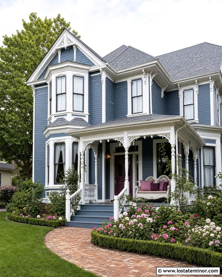 Slate Blue Victorian With Carved Porch Daybed - 30 Slate Blue House Design With Daybed Ideas