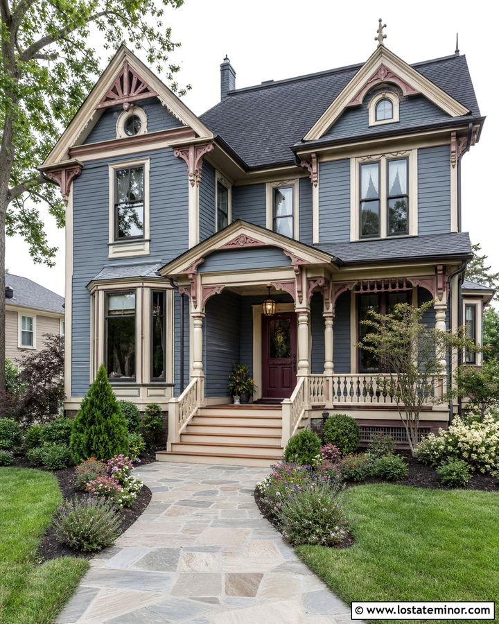 Slate Blue Victorian With Cream And Dusty Rose Accents - 30 Slate Blue House Design With Accents Ideas